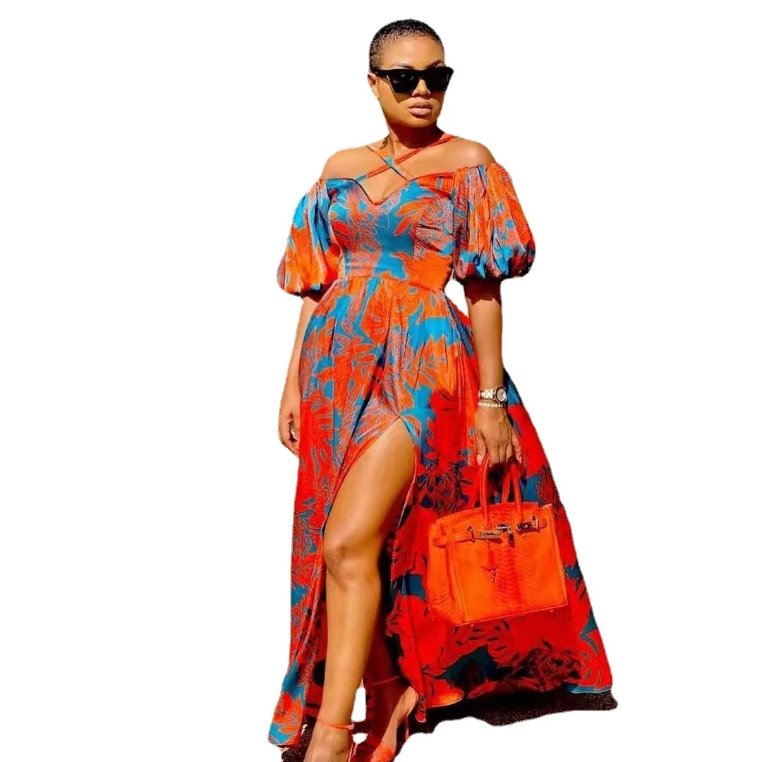 Uveng Uveng New Spring-Summer Women's Dress Print Open Fork Bra Hanging Neck V-Neck Dress