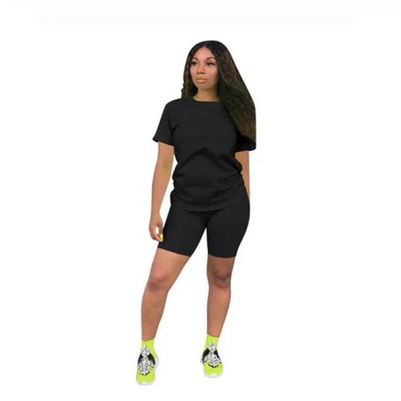 2 Pcs Sports Suit Sexy Candy Color Women Sport Clothing Short Sleeve Crew Neck T-shirt + Tight-fitting Shorts Tracksuit Outfits