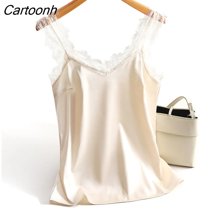 Cartoonh Sexy Lace Tank Tops Women Silk Sleeveless V Neck Womens Camisole Halte Tank Top Feminino Slim White Summer Woman Clothe