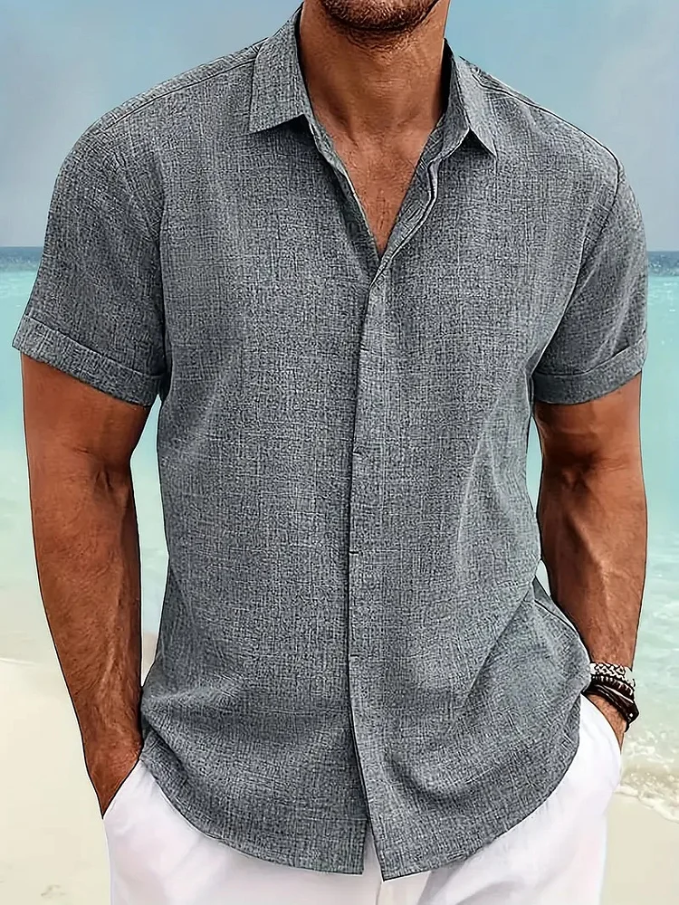 Men's Plain Buttons Cotton Linen Beach Short Sleeve Shirt