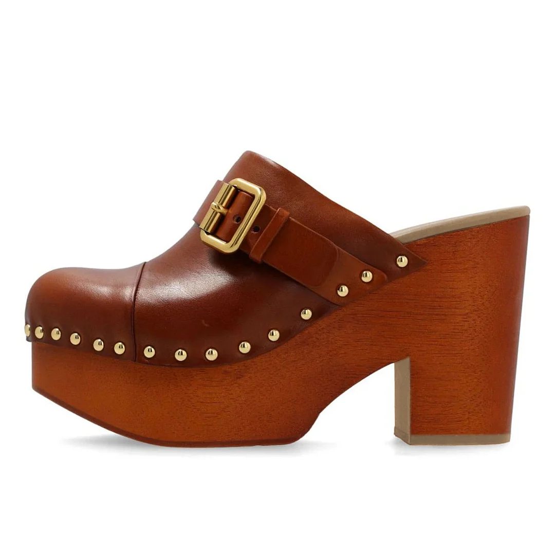 Brown Rivet Studded Buckle Strap Platform Block Heel Mules Shoes