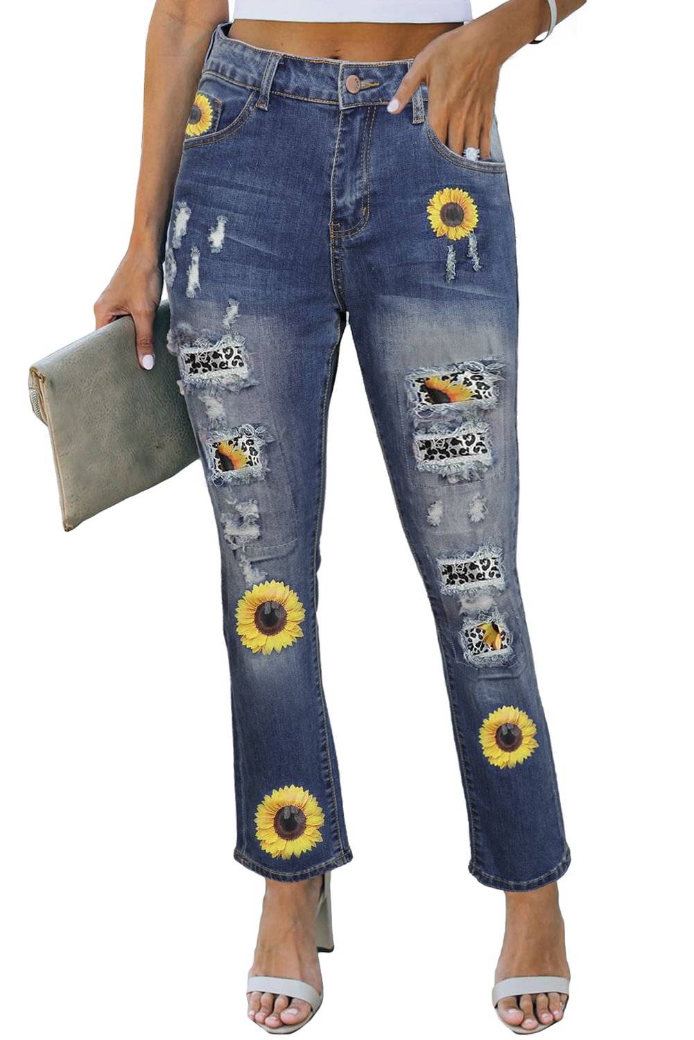 MusePointer Women's Ripped Jeans Low Waist Sunflower Leopard Cut-out Ripped Jeans MusePointer