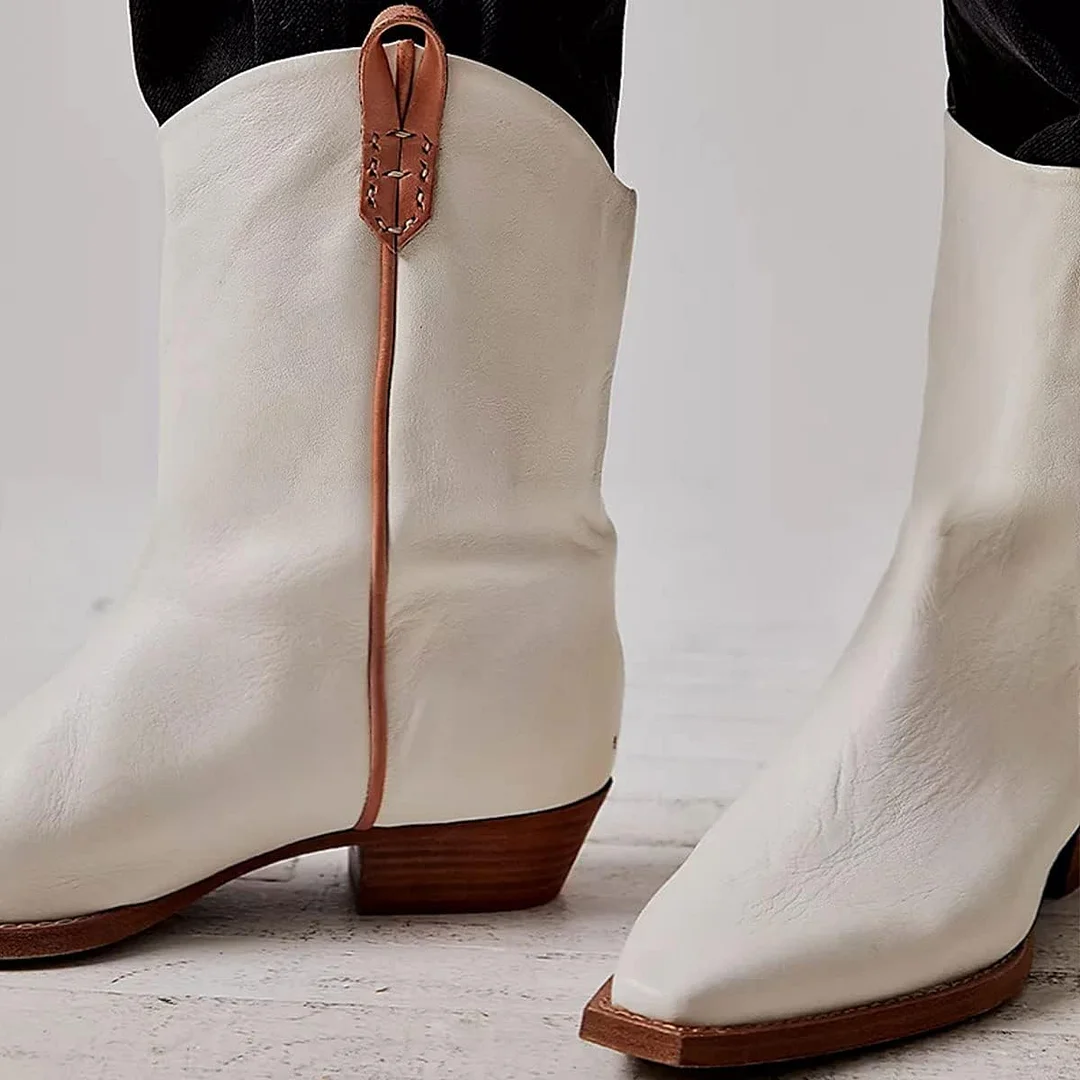 Ivory Snip Toe Brown Pull Tab Vintage Low Heel Cowgirl Ankle Boots