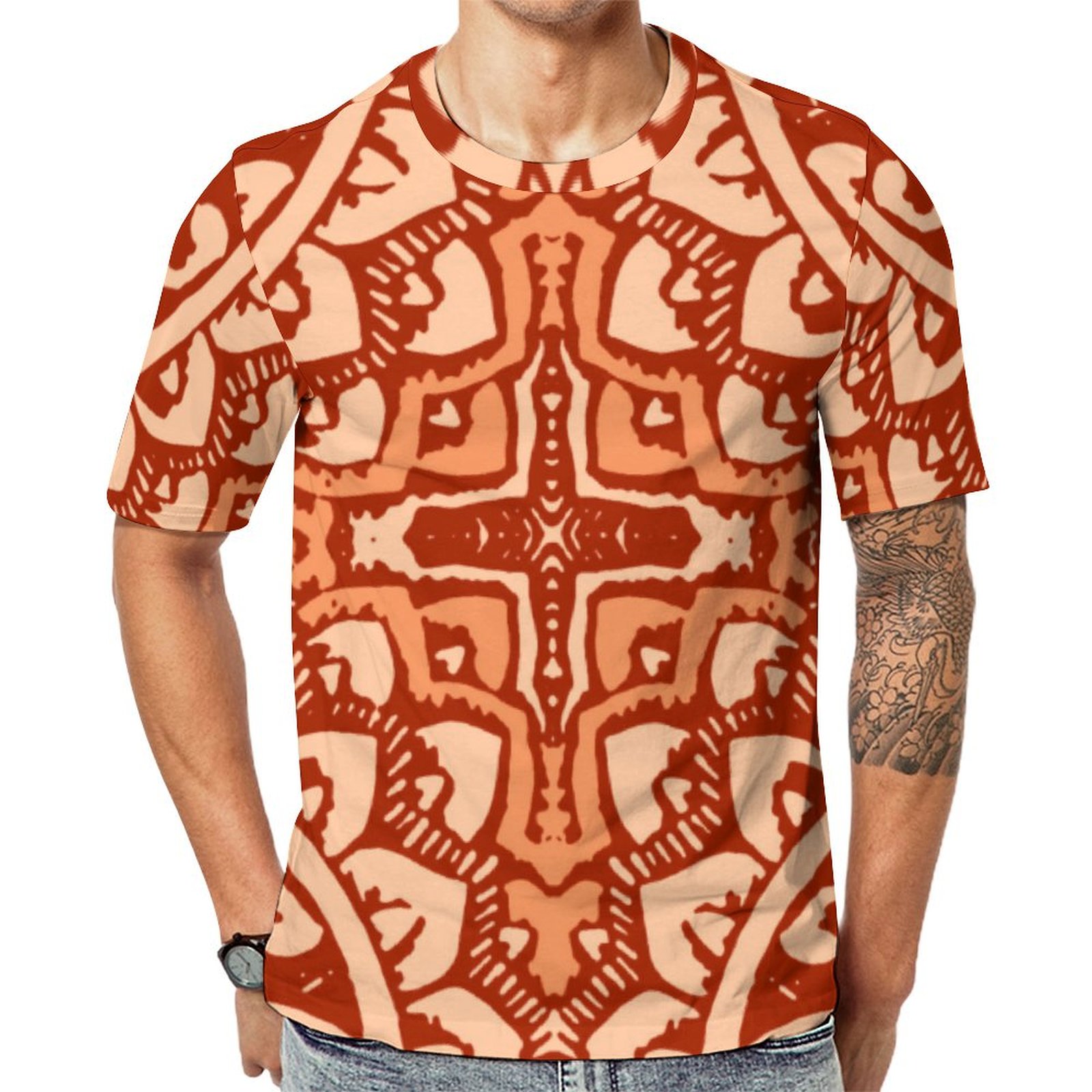 Southwestern Sun Mandala Batik Coral Orange Short Sleeve Print Unisex Tshirt Summer Casual Tees for Men and Women Coolcoshirts