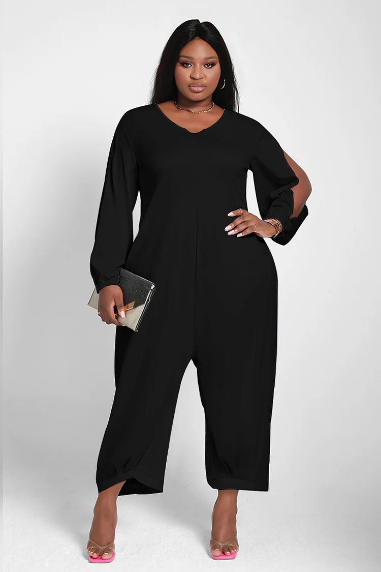 Xpluswear Design Plus Size Black Split Cut Out Harem Jumpsuits