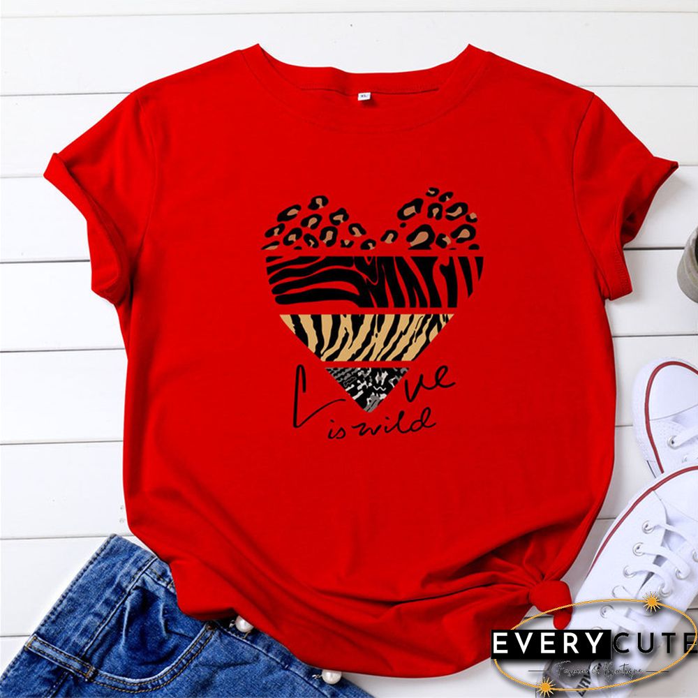 White Woman Tshirts Summer TShirt Fashion Heart Leopard Print Shirt 100%Cotton Tops O Neck Short Sleeve Tees Women Graphic Tee