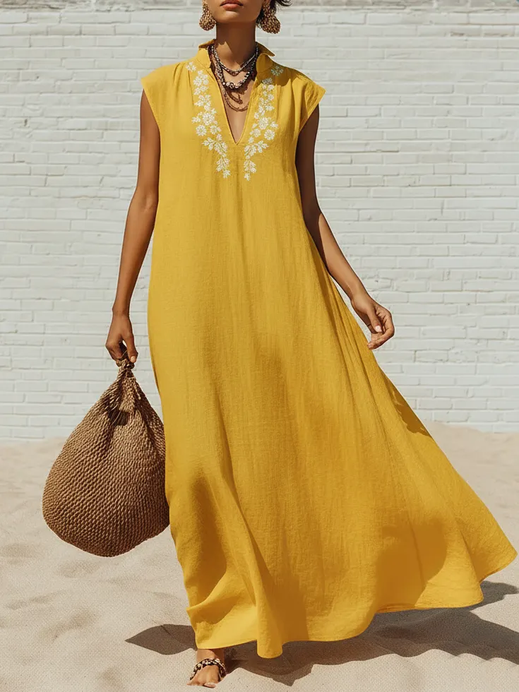 Vintage-style Vacation Floral Print Loose Cotton-linen Dress