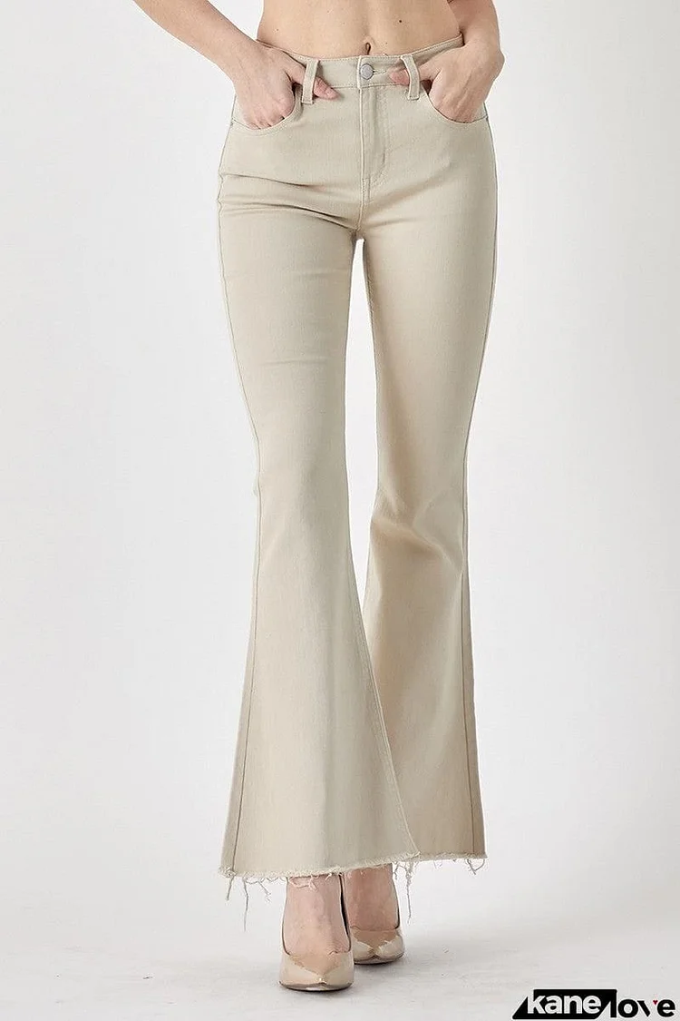 RISEN Mid-Rise Raw Hem Flare Jeans in Khaki