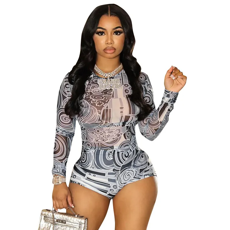 Uveng Uveng Women's Summer New Round-Neck Long-Sleeved Mesh Yarn Elastic Shorts Casual Set
