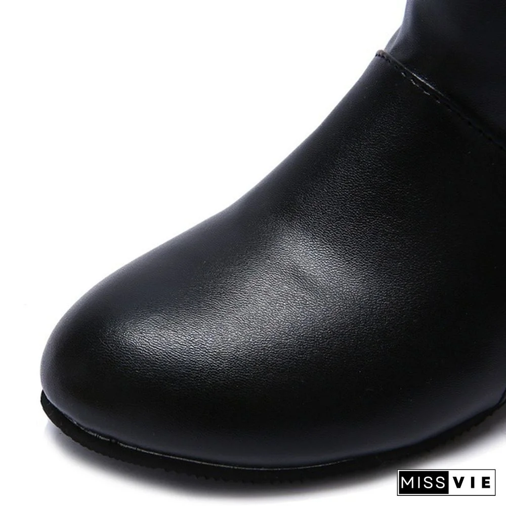 Women Fashion Mid-Calf Women Faux Leather Boots Black White Brown Flat Heels Half Boots Autumn Winter Shoes 35-43