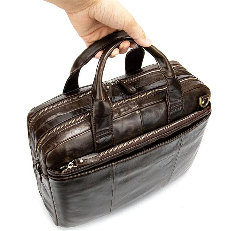 Men&rsquo;S Genuine Leather Antiqued Brass Hardware Top-Handled Detachable Laptop Bag