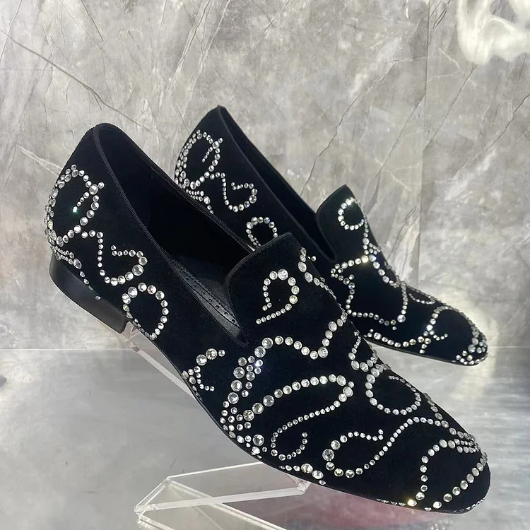 Gentleman's  Black Suede Leather Rhinestone Pattern Spike Strap Slip-On Dress Prom Wedding Red Bottom Shoes VOCOSI VOCOSI