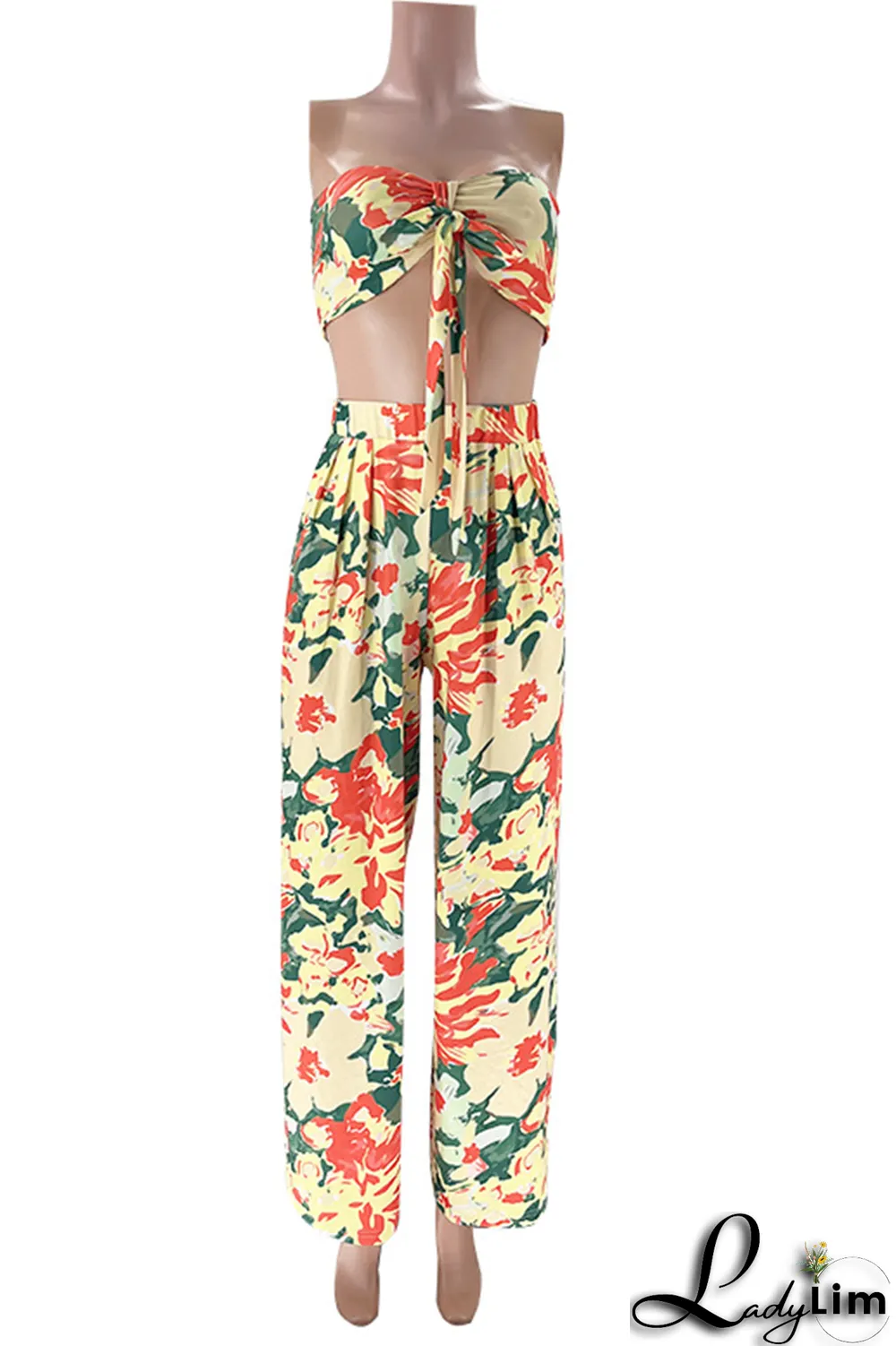 Rose Red Casual Print Patchwork Strapless Sleeveless Two Pieces