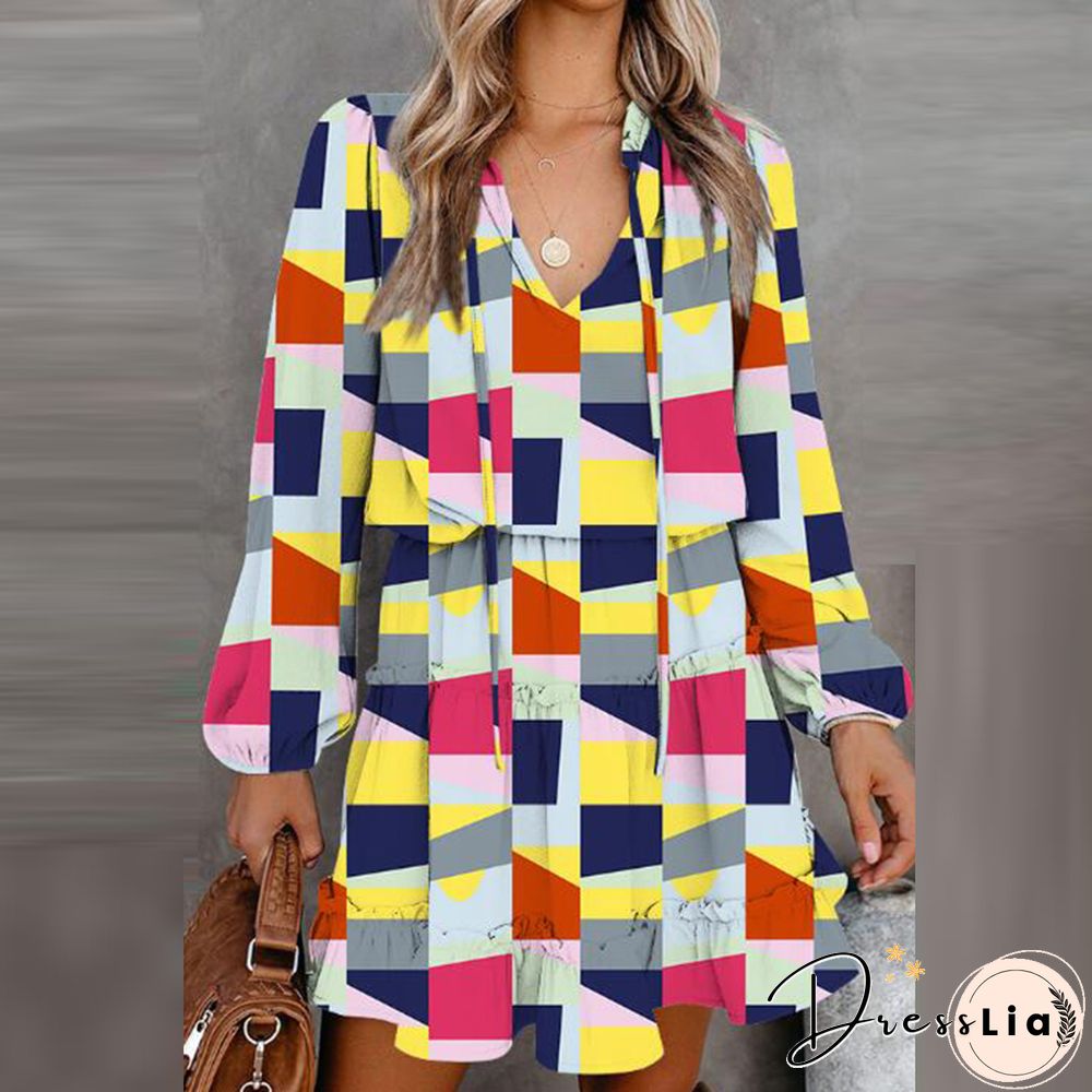 Vintage Floral Printed Mini Dress Women Casual Long Sleeve V Neck Lace-up Early Autumn Dress Fashion Loose Waist Ruffle Dresses