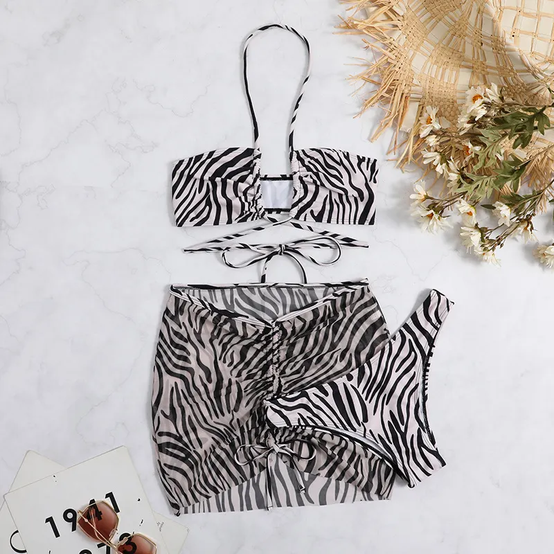 Brownm 2023 New Striped Print Drawstring With Three-Piece Swimsuit Bikini Swimsuit