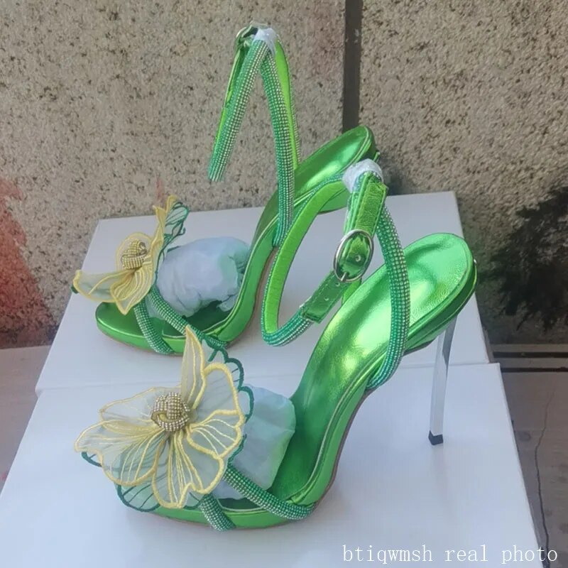Green Flower Rhinestone Sandals Woman Open Toe Strange Metal High Heels Lady Wedding Shoes