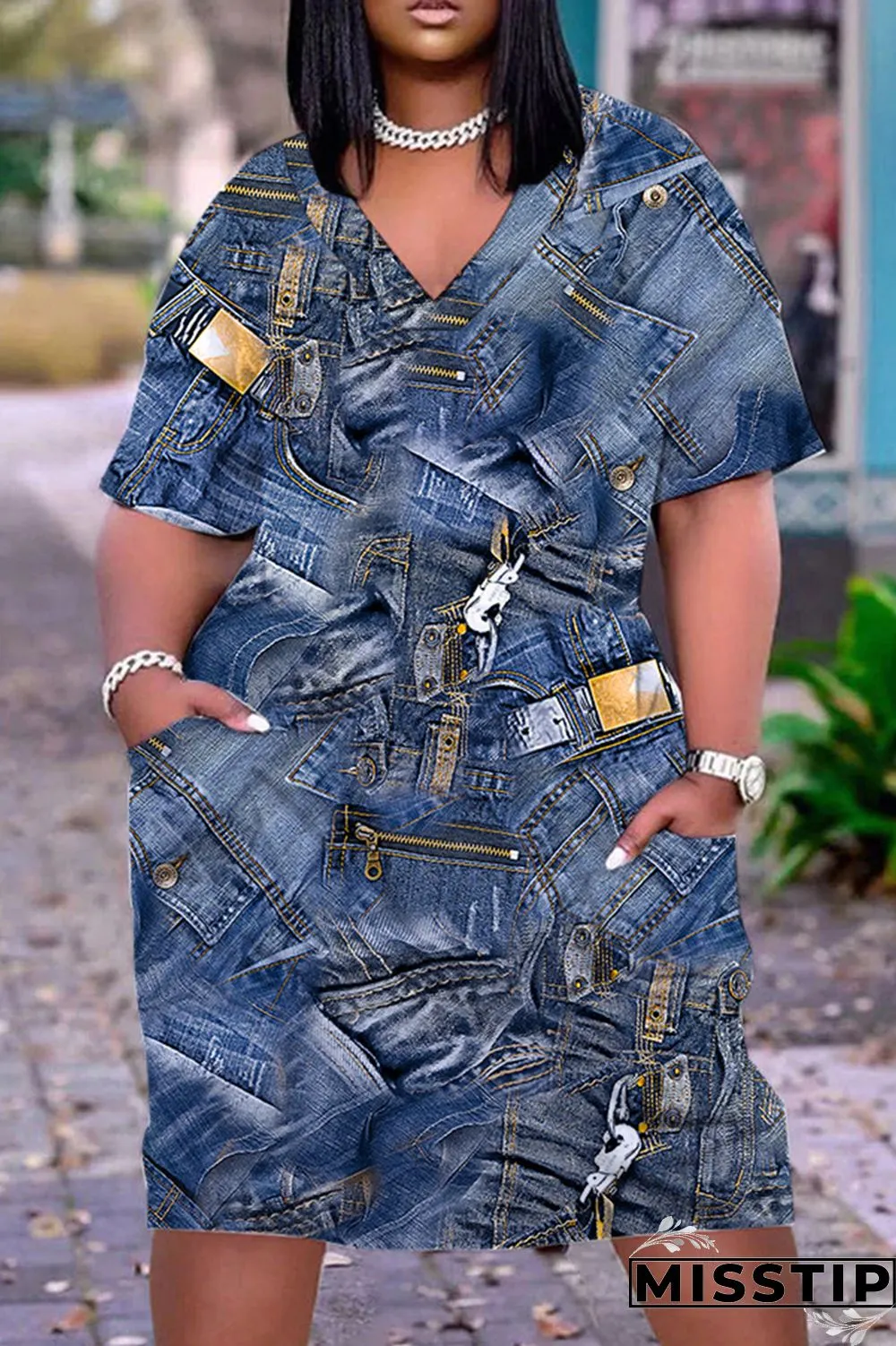 Navy Blue Casual Print Patchwork V Neck Short Sleeve Dress