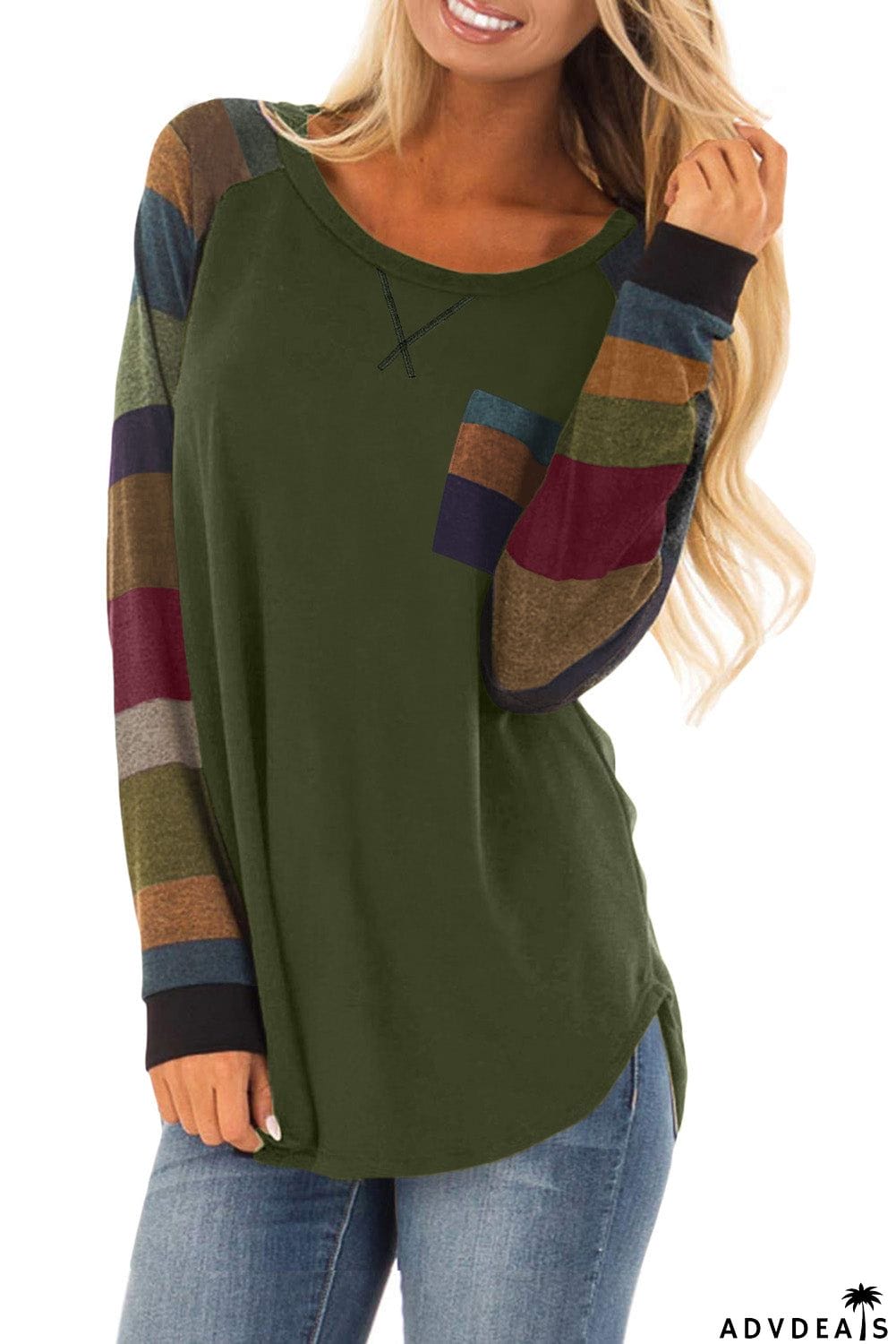 Color Block Striped Pocket Long Sleeve Top