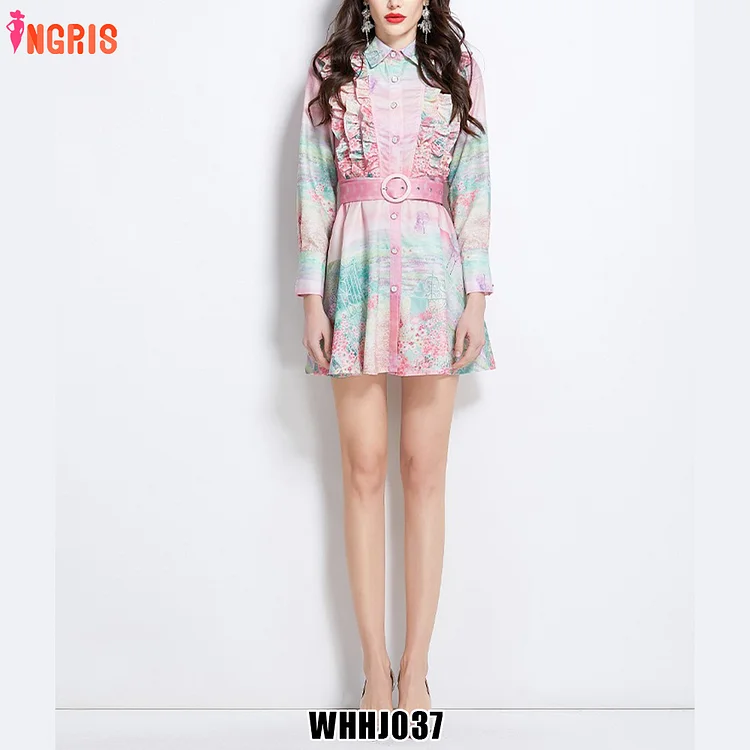 Spring and Autumn New Stand-up Collar Lantern Sleeves Printed Floral Casual Dress-WHHJ037