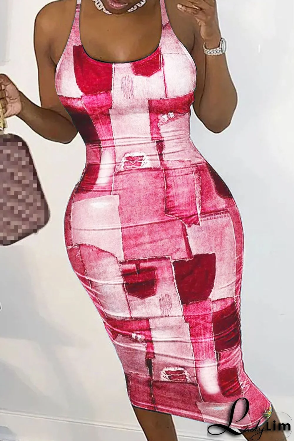 Dark Blue Sexy Print Patchwork Backless Spaghetti Strap Pencil Skirt Dresses