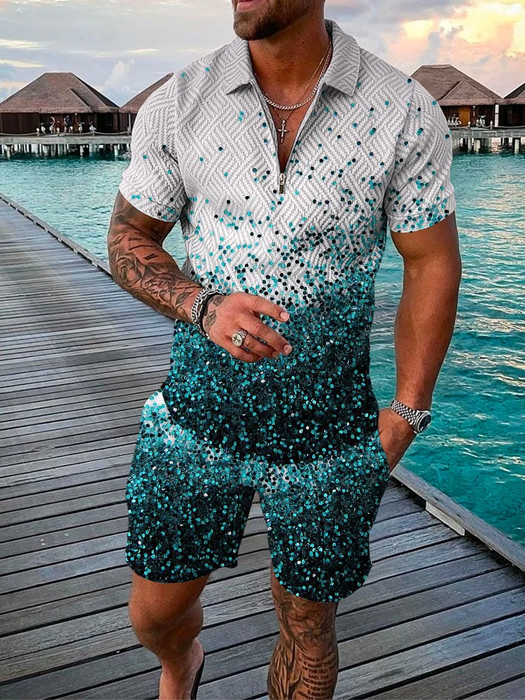 Men's Fashion Vacation Style Sequined Printed Polo Suit