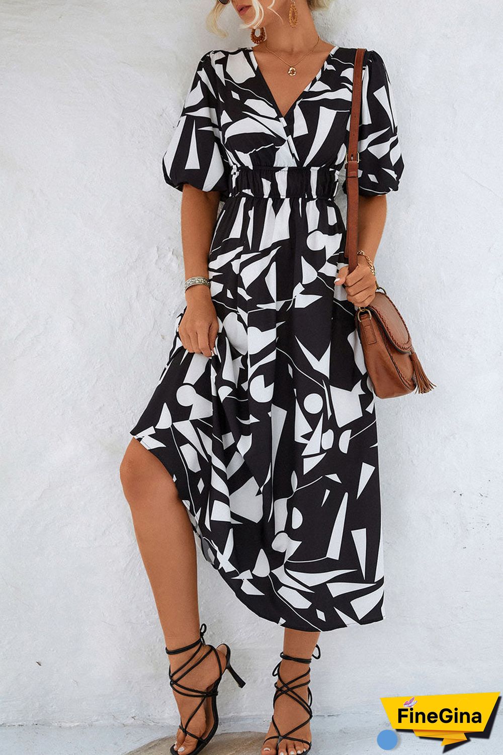 Print V Neck Beach Bubble Sleeve Midi Dress