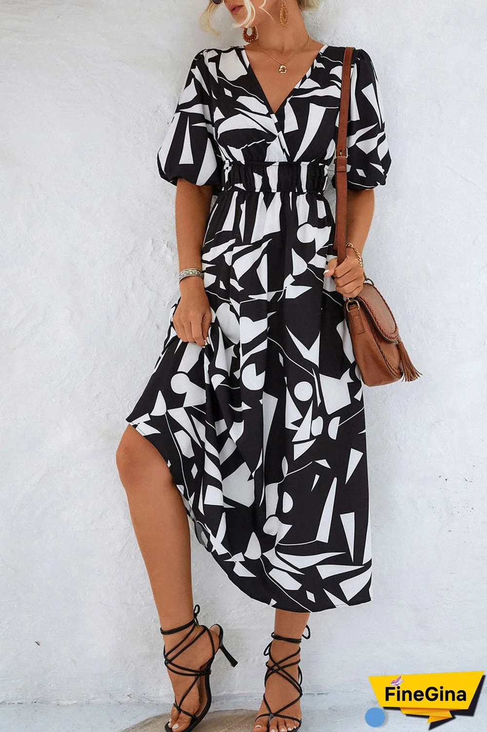 Print V Neck Beach Bubble Sleeve Midi Dress
