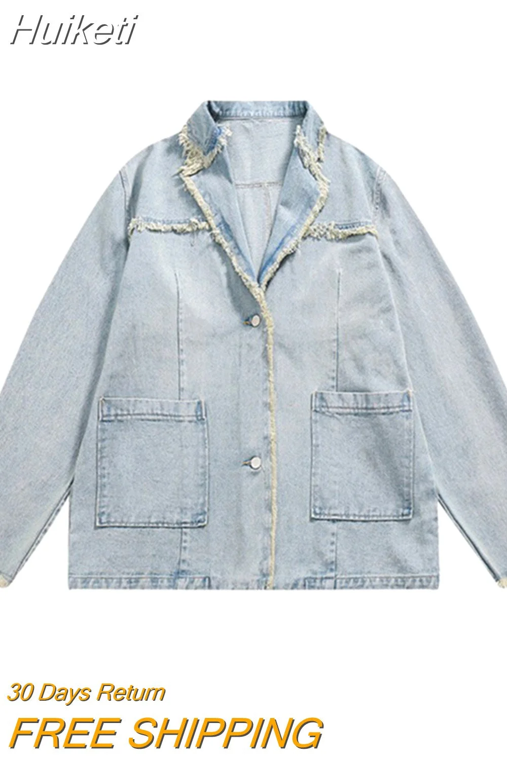 Huiketi Burr Edge Washed Old Denim Suit Coat Casual Loose Fashion Lapel Jackets Top Women's 2023 Summer New Clothing 5R3132
