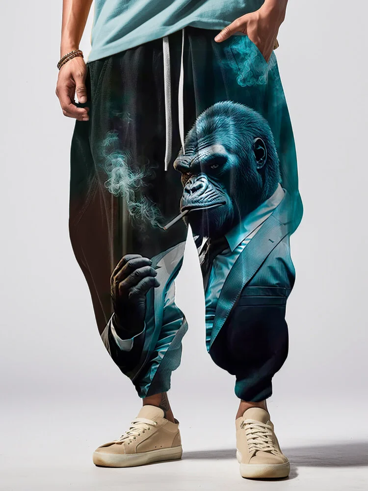 Men's Cool Monkey Gentleman Smoking Print Loose Drawstring Waist Sweatpants