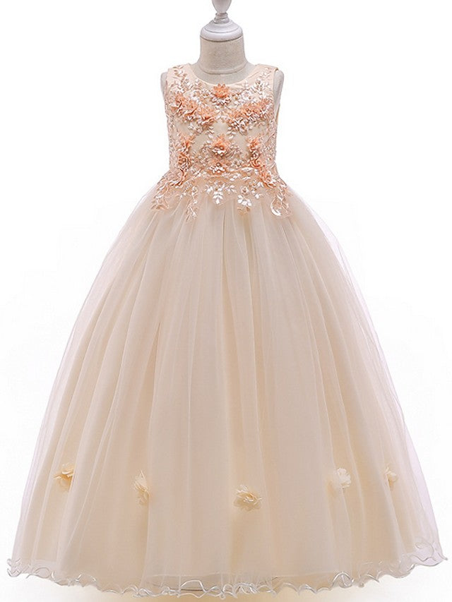 Oknass A-Line Sleeveless Jewel Neck Flower Girl Dresses Tulle With Bow Beading  Appliques
