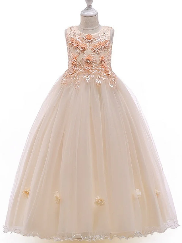 Daisda A-Line Sleeveless Jewel Neck Flower Girl Dresses Tulle With Bow Beading  Appliques