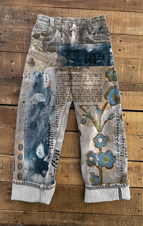 Women's Retro Floral Distressed Print Straight Leg Pants socialshop