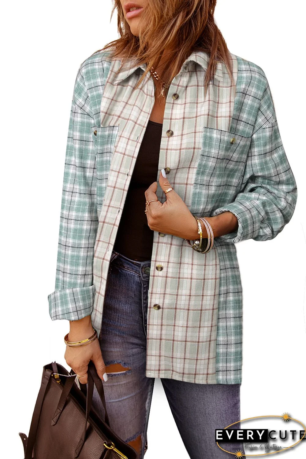 Green Plaid Color Block Pocket Button-up Long Sleeve Shirt