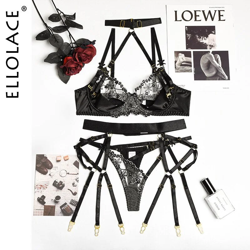 Ellolace Sensual Lingerie Erotic Halter Transparent Hollow Out Underwear Underwire Bra Lace Embroidery Bandage Exotic Sets