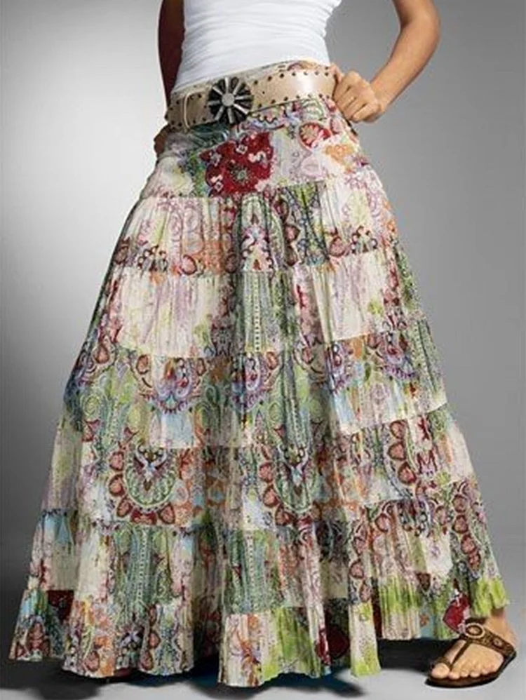 Bohemian Floral Print Big Swing Tiered Maxi Skirt