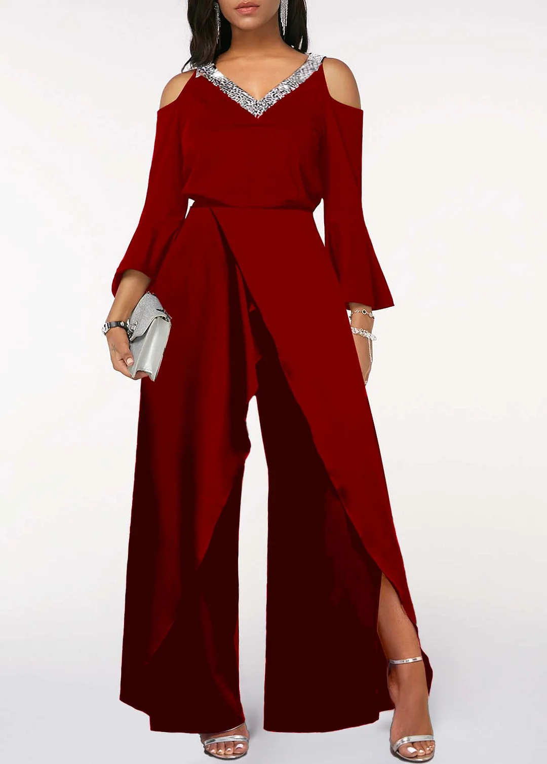Daisda Black V Neck Ruffled Sleeves High Waist Split Wide Leg Jumpsuit with Beadings