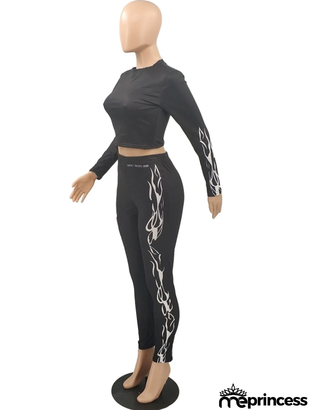 Spring Sexy Black Print Round Collar Long Sleeve Crop Top And Pant Wholesale Womens 2 Piece Sets