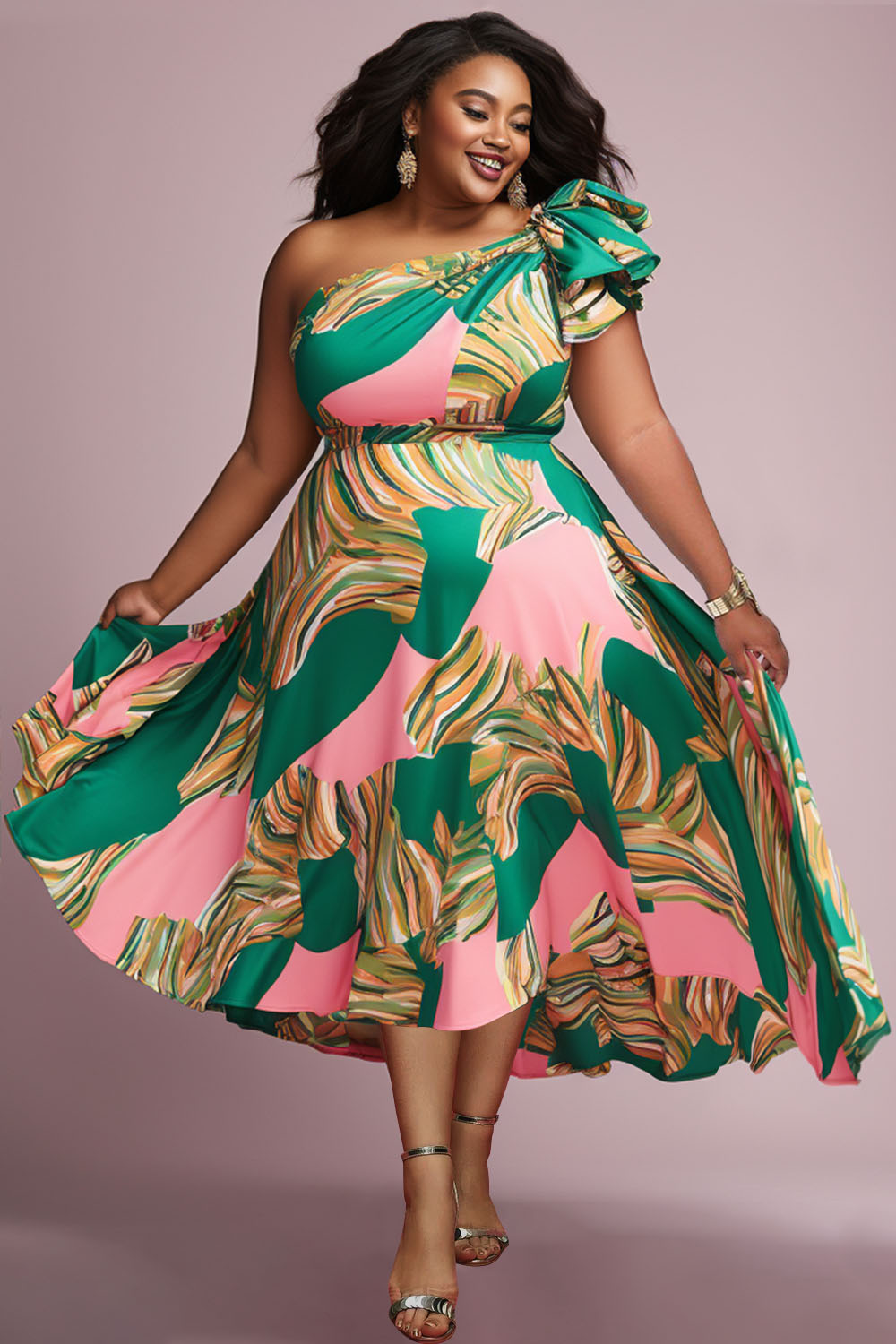 Design Plus Size Vacation Multicolor All Over Print Oblique Collar Chiffon Midi Dresses [Pre-Order]