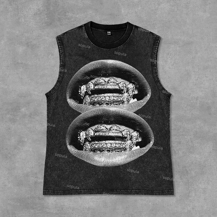 Unisex Lip Graphic Print Casual Acid Washed Sleeveless Tank Top