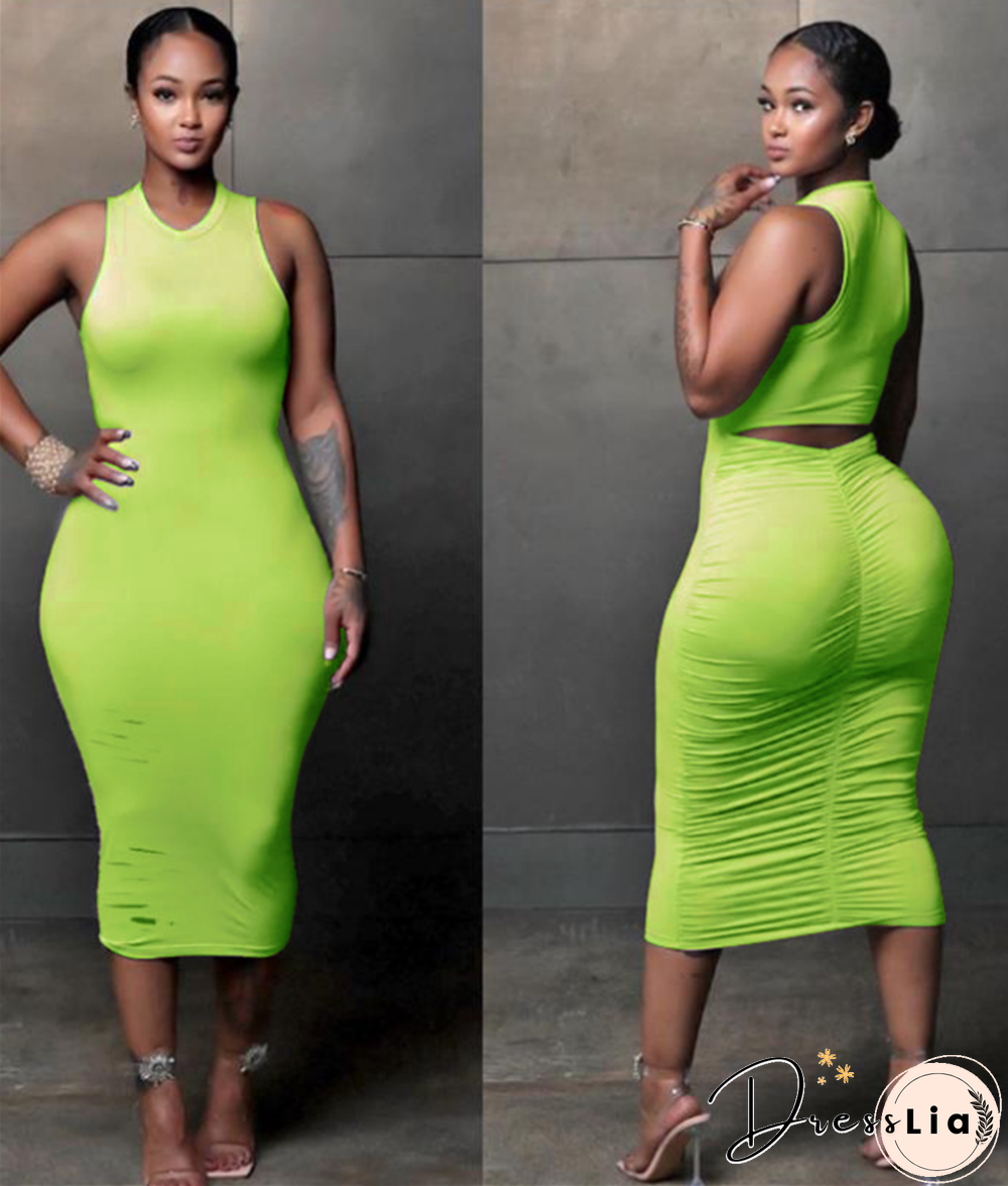 Solid Color Sleeveless Holes Draw Pleated Dresses