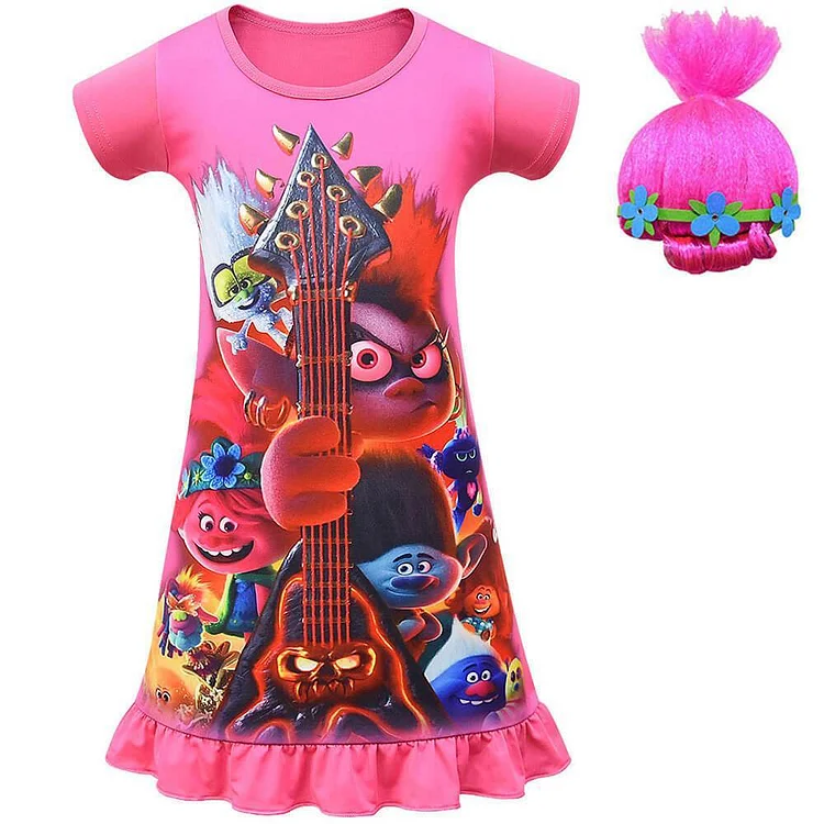 Mayoulove Girls Trolls World Tour Frill Hem Pajamas Nightgown Costume With Wig-Mayoulove