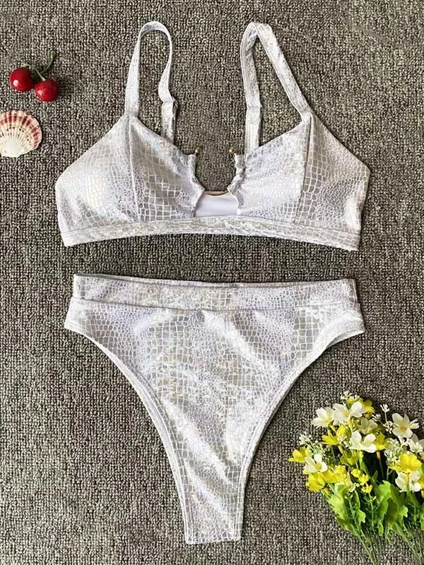 Snake-Print Embellished Hollow Split Bikini Swimsuit