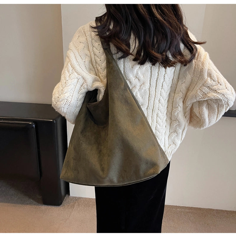 Women’s Flannel Solid Color Streetwear Sewing Thread Square Magnetic Buckle Shoulder Bag