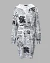 Newspaper Print Drawstring Waist Hooded Sweatshirt Dress