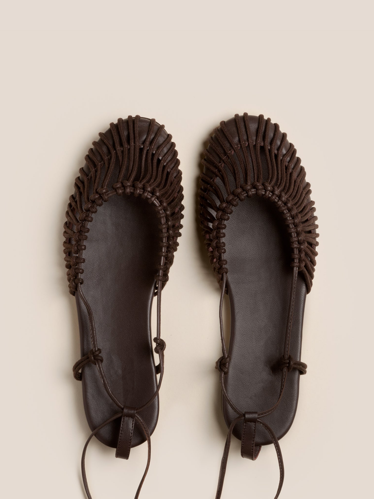 GOOSHOE Chocolate Knotted Strappy Semi-Hollow Round-Toe Flats Self-Tie Sandals