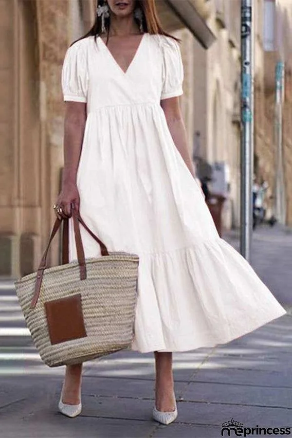 Women's Dresses Loose Solid V-Neck Short Sleeve Dress