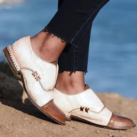Women's Oxford Shoes Cap Toe X Stitching Vintage Loafers -loafers