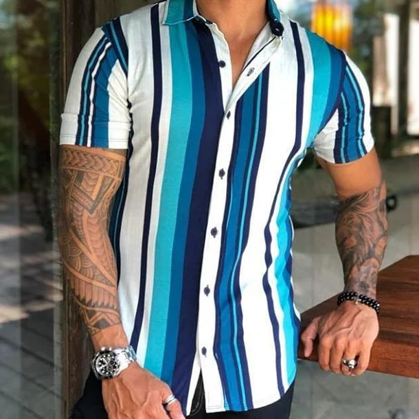 Casual striped print slim short sleeve shirt / [viawink] /
