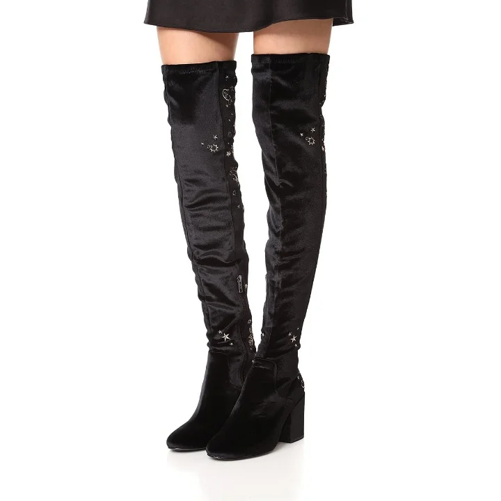Bottes noires rhinestone à talons avec fermeture éclair Flusfy