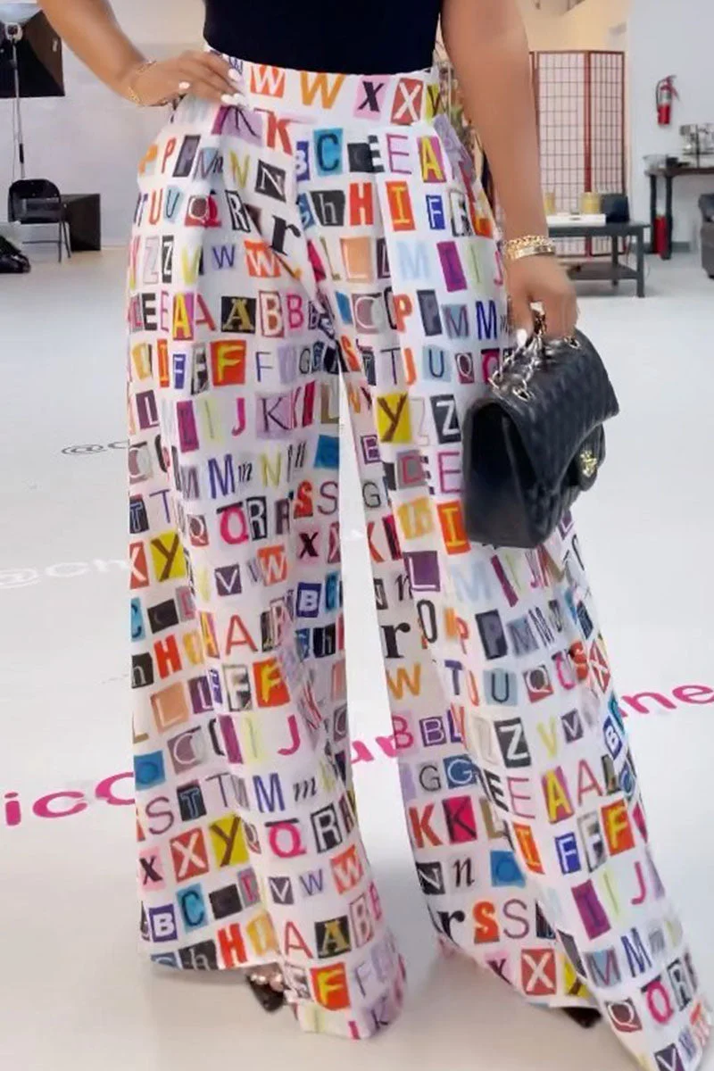 College Print Split Joint Loose High Waist Wide Leg Full Print Bottoms